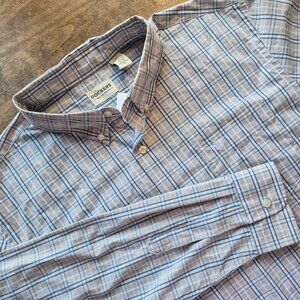 NWT Dockers Mens XL Tan Blue Plaid Long Sleeve Button-Down Shirt Logo Lft pocket